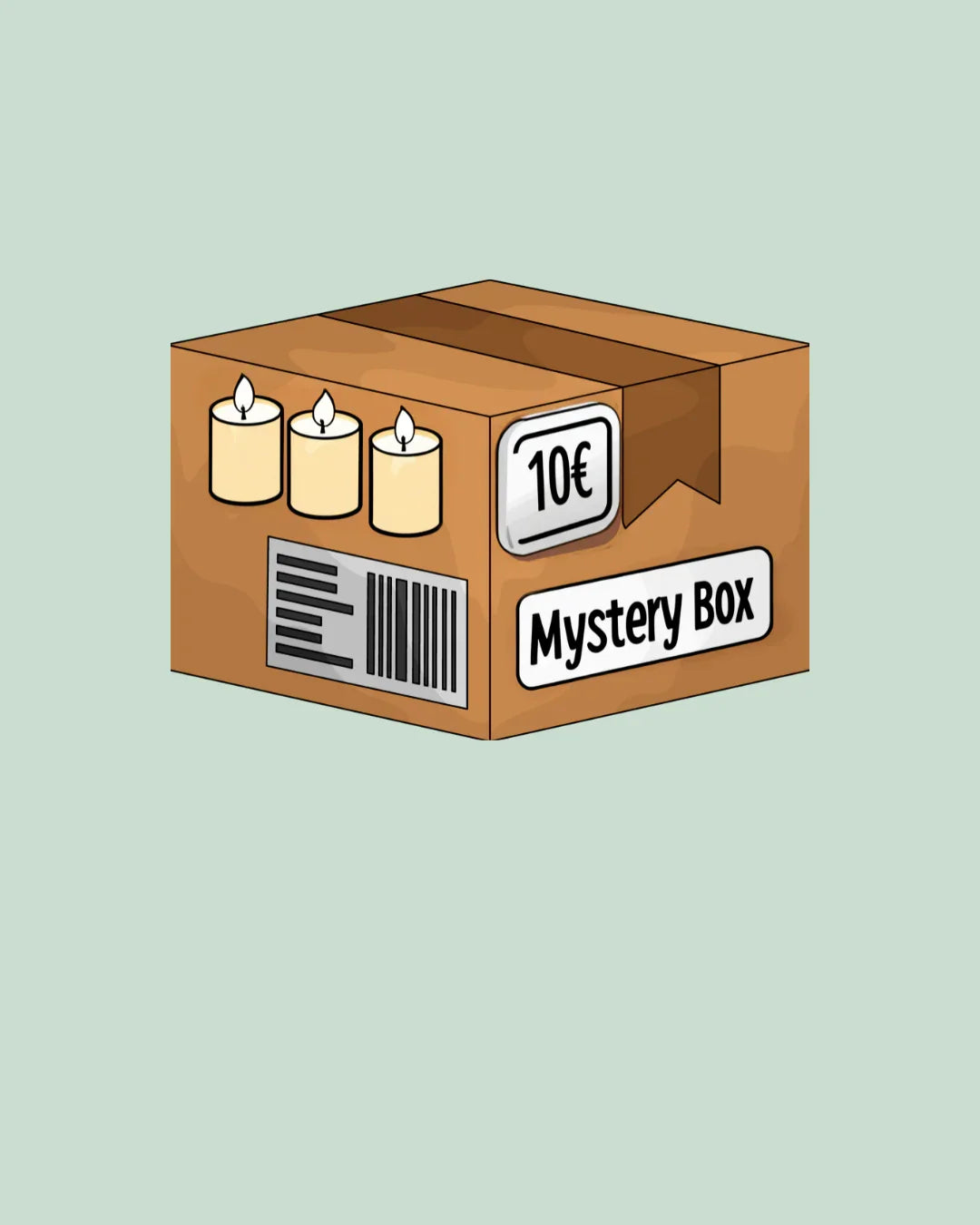 Mystery Box mit Kerzenmotiv, Preis 10€, auf Pappkarton illustriert, nachhaltige Geschenkidee