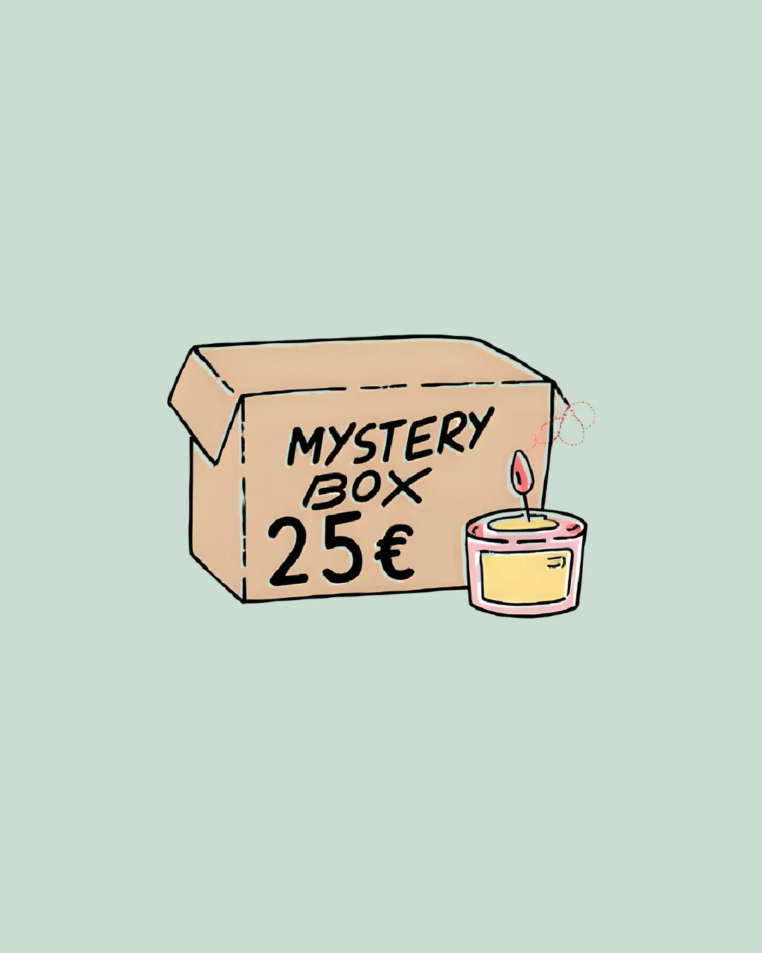 Mystery Box mit handgemachter Kerze, Preis 25€, auf hellem Hintergrund