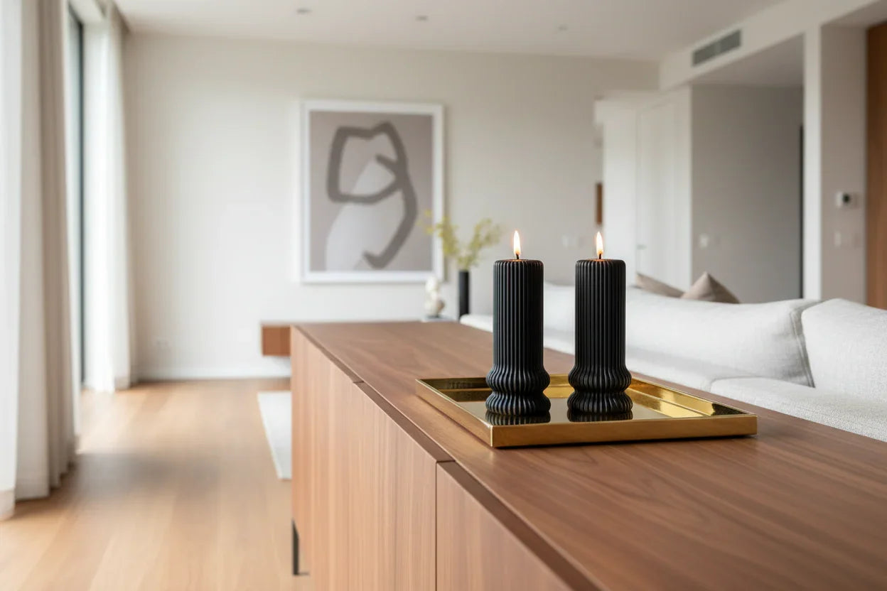 Zwei handgemachte schwarze Kerzen auf goldenem Tablett, Wohnzimmer, stilvolle Dekoration, nachhaltige Kerzen