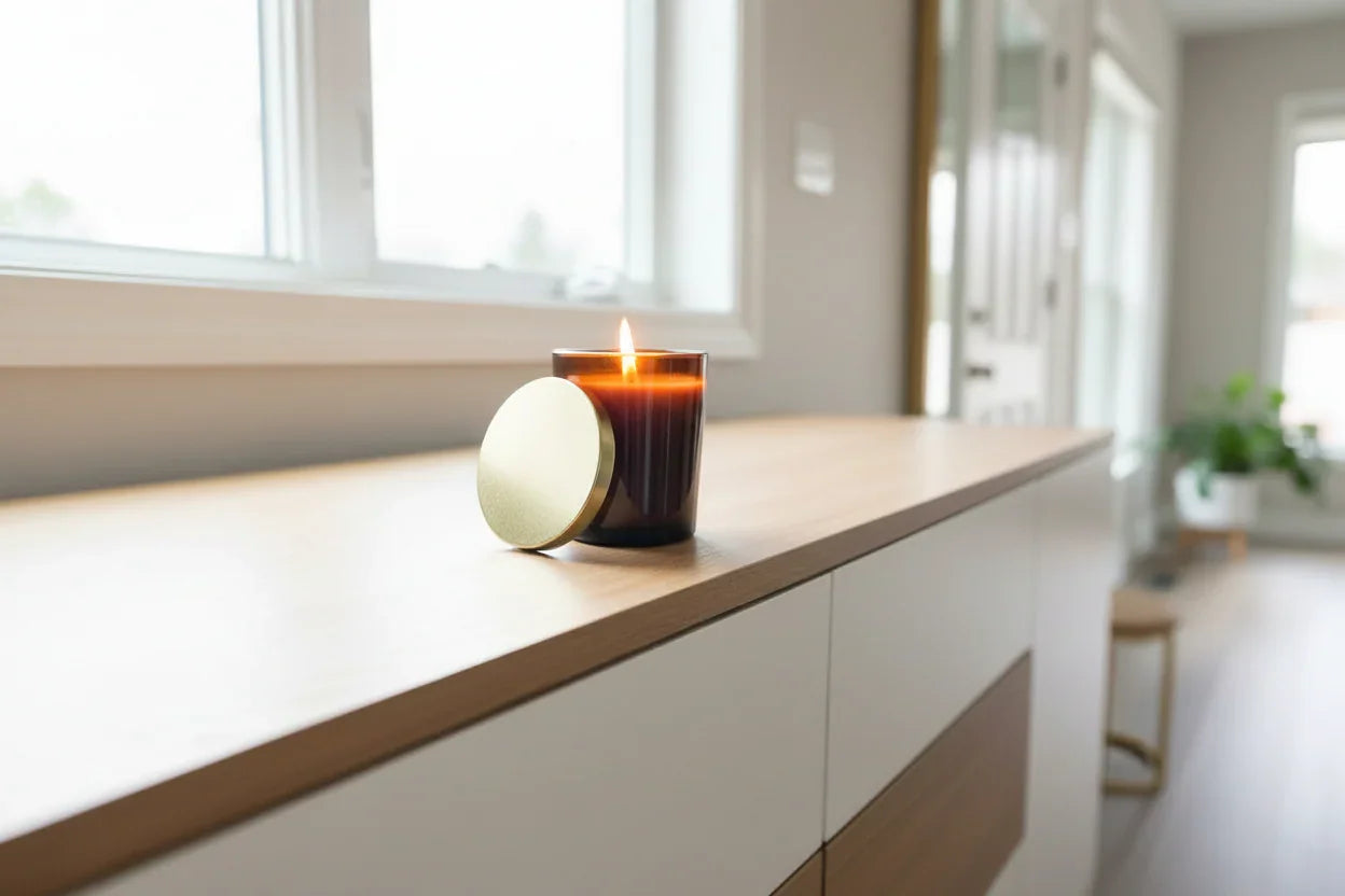 Handgemachte Kerze im Glas mit goldenem Deckel, brennend auf modernem Sideboard in hellem Raum