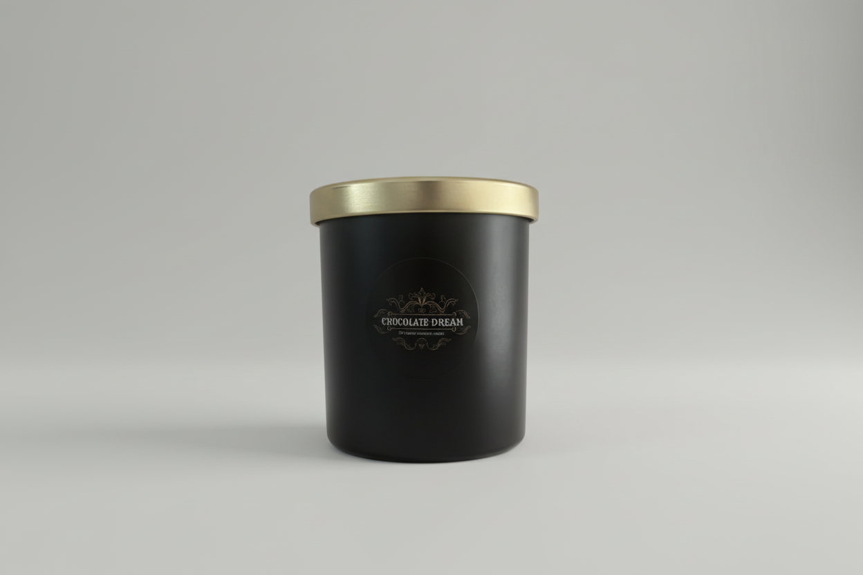 Schwarze Duftkerze im Glas mit silbernem Deckel auf Holz, warmes Stimmungslicht