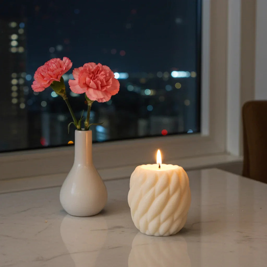 Handgemachte Kerze brennt auf Marmortisch neben Vase mit rosa Nelken, stimmungsvolles Licht am Fenster