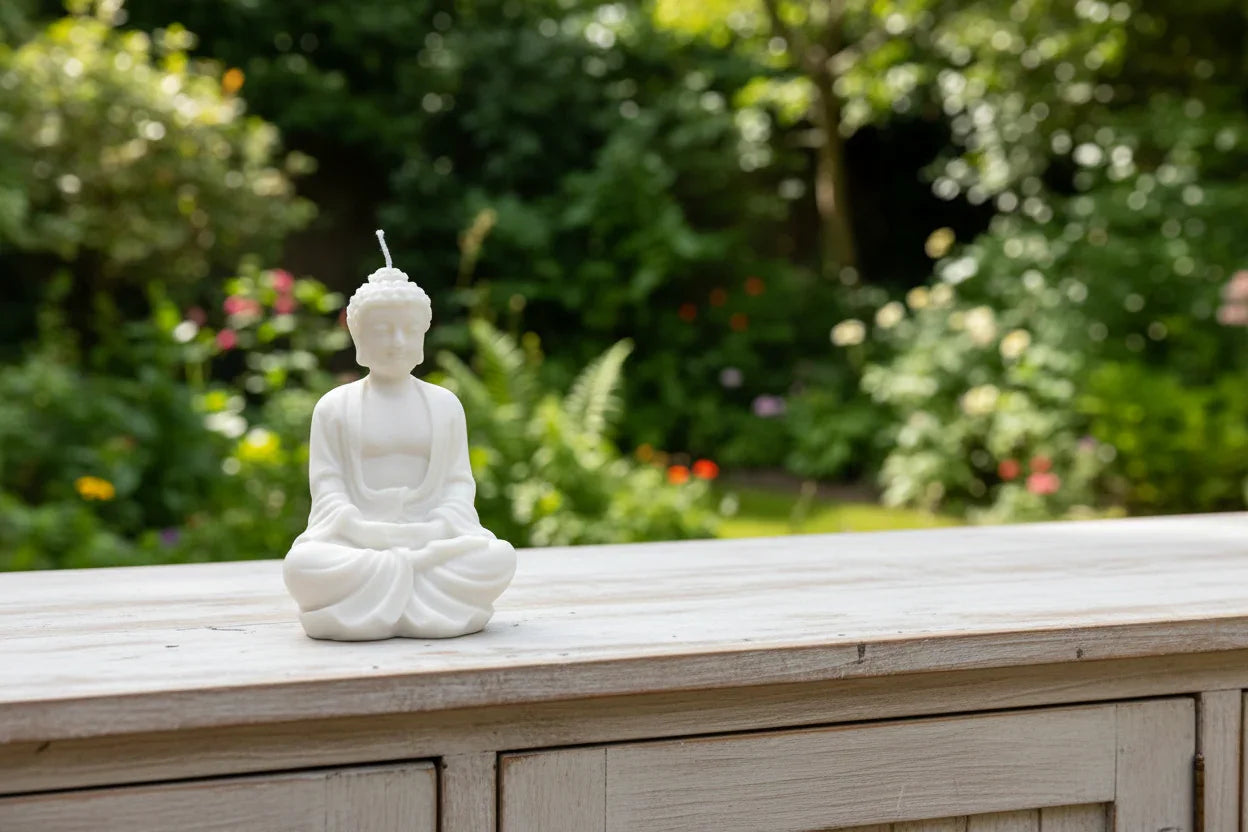 Handgemachte Buddha Kerze in Weiß auf Holztisch im Garten, nachhaltige Deko