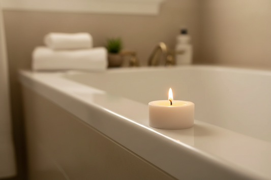 Handgemachte Kerze brennt auf warmer orangefarbener Stoffoberfläche, stimmungsvolles Licht