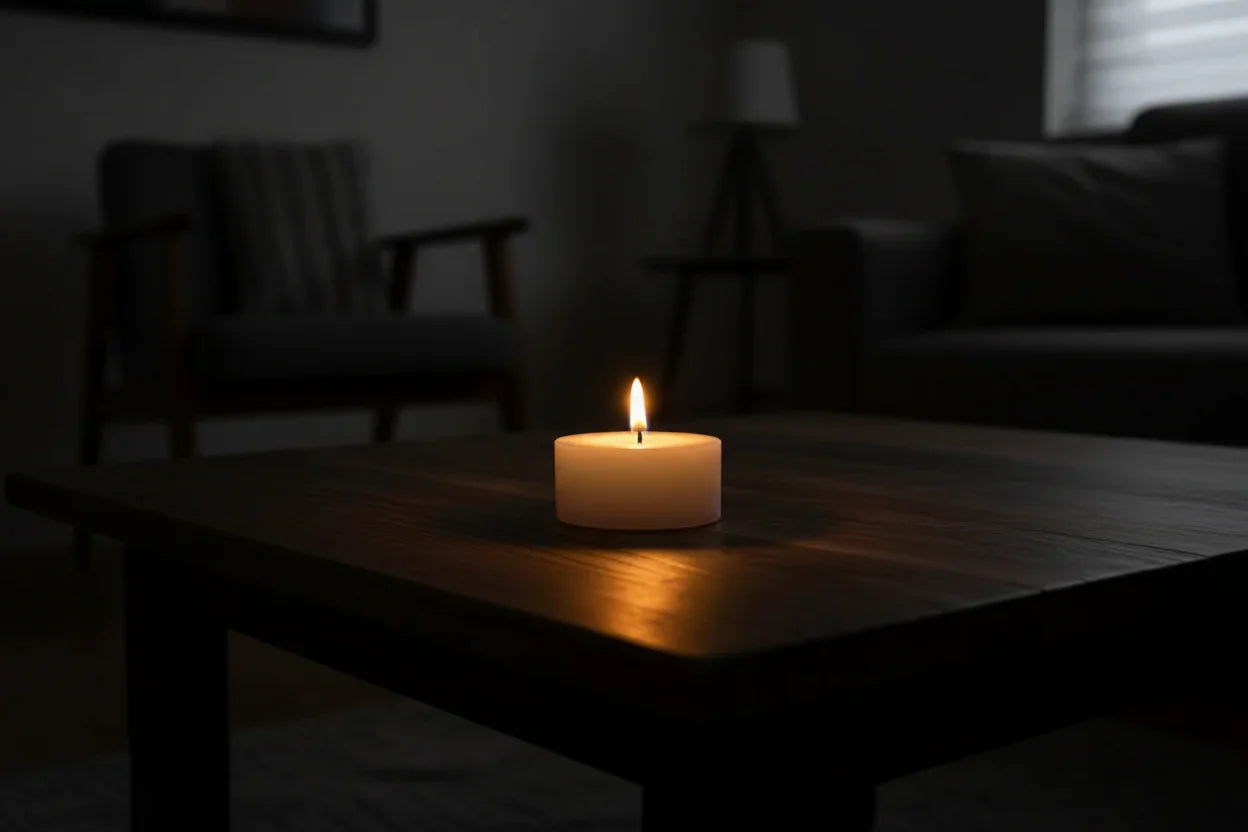 Handgemachte Kerze brennend auf Holztisch im Wohnzimmer, stimmungsvolles Licht, nachhaltig