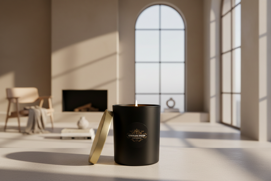 Schwarze Duftkerze mit goldenem Deckel vor buntem Hintergrund, Premium-Kerzen Design