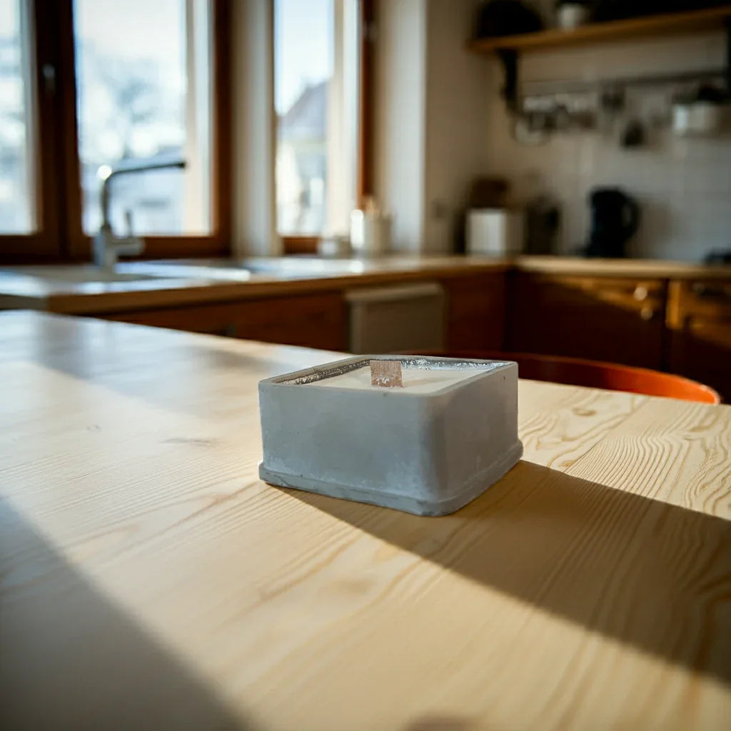 Handgemachte Kerze im Betonbehälter mit Holzdocht auf Holztisch in gemütlicher Küche