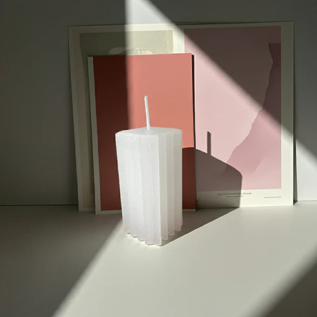 Weiße handgemachte Kerze mit Rillen im Sonnenlicht vor rosa Wanddeko auf Tisch