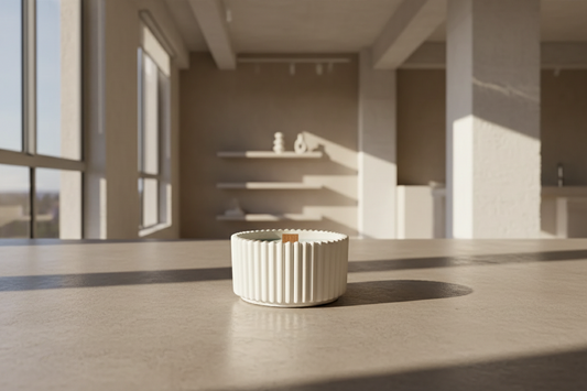 Handgemachte Kerze im weißen geriffelten Becher mit Holzdocht auf dunkler Oberfläche