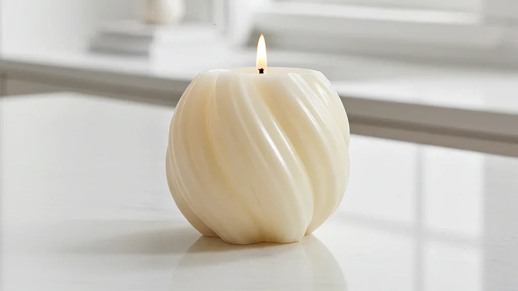 Handgemachte Kerze in runder, gedrehter Form auf weißem Tisch, brennend, stimmungsvolles Licht