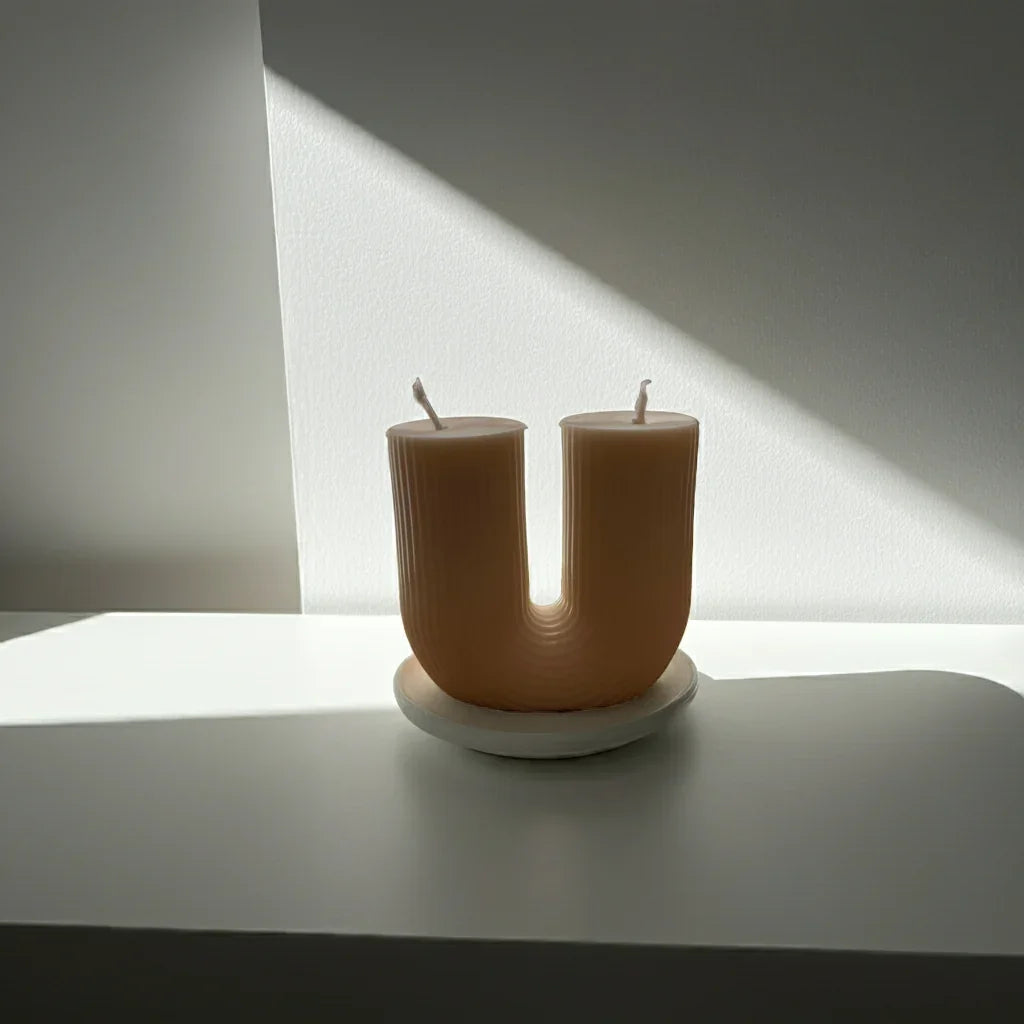 Moderne, handgemachte U-förmige Kerze auf weißem Untergrund, einzigartiges Design