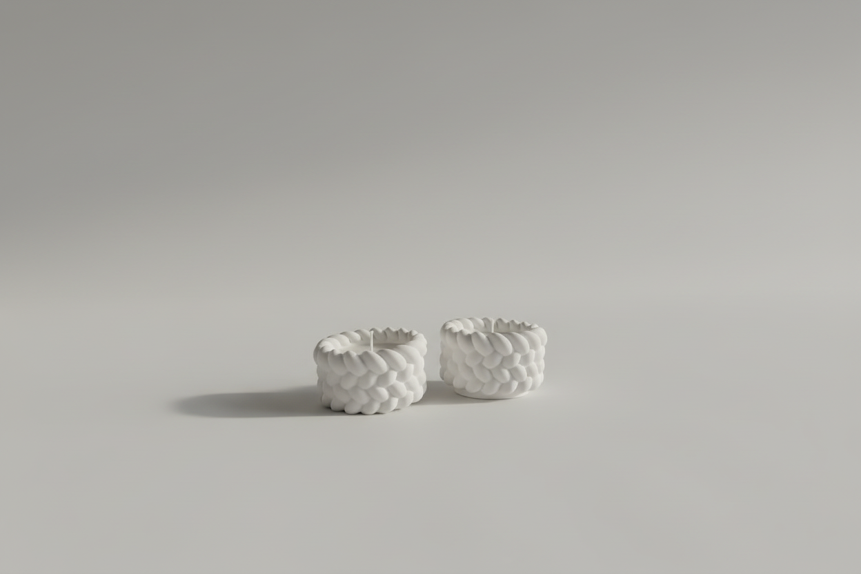 Handgemachte Kerzen mit geflochtenem Muster, weiß, auf Metalloberfläche, stimmungsvolles Licht