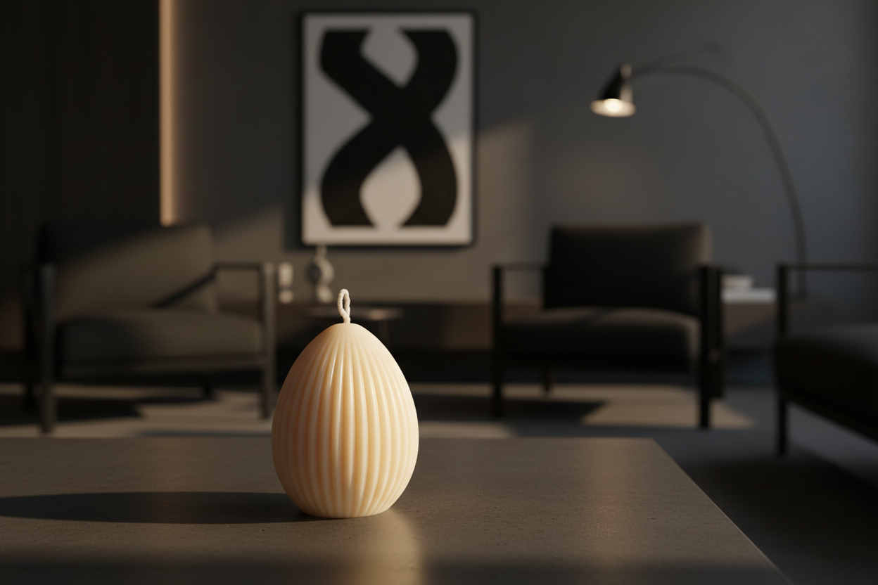 Handgemachte Kerze in Eiform mit Rillenstruktur auf Tisch im modernen Wohnzimmer