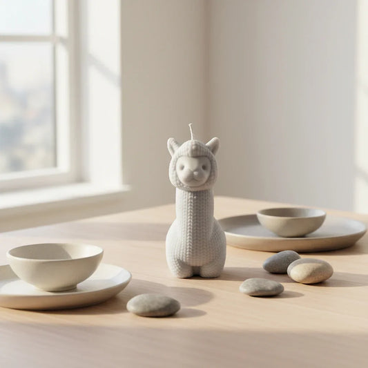 Handgemachte Lama-Kerze aus Wachs, dekorativ auf Holztisch mit Steinen und Geschirr