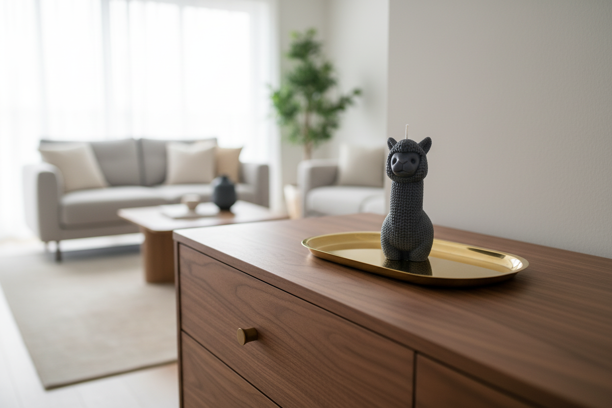 Alpaka Kerze in Schwarz auf Nussbaum Kommode