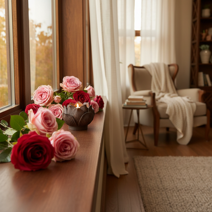 Lotus Kerze schwarz am Fensterbank mit rosen herum